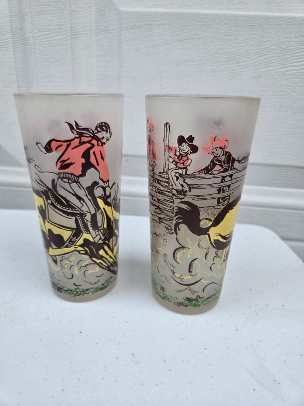 2 Vintage Western-Themed Frosted Glass With Cowboy & Rodeo Scene 6.5" Tall Mid-C